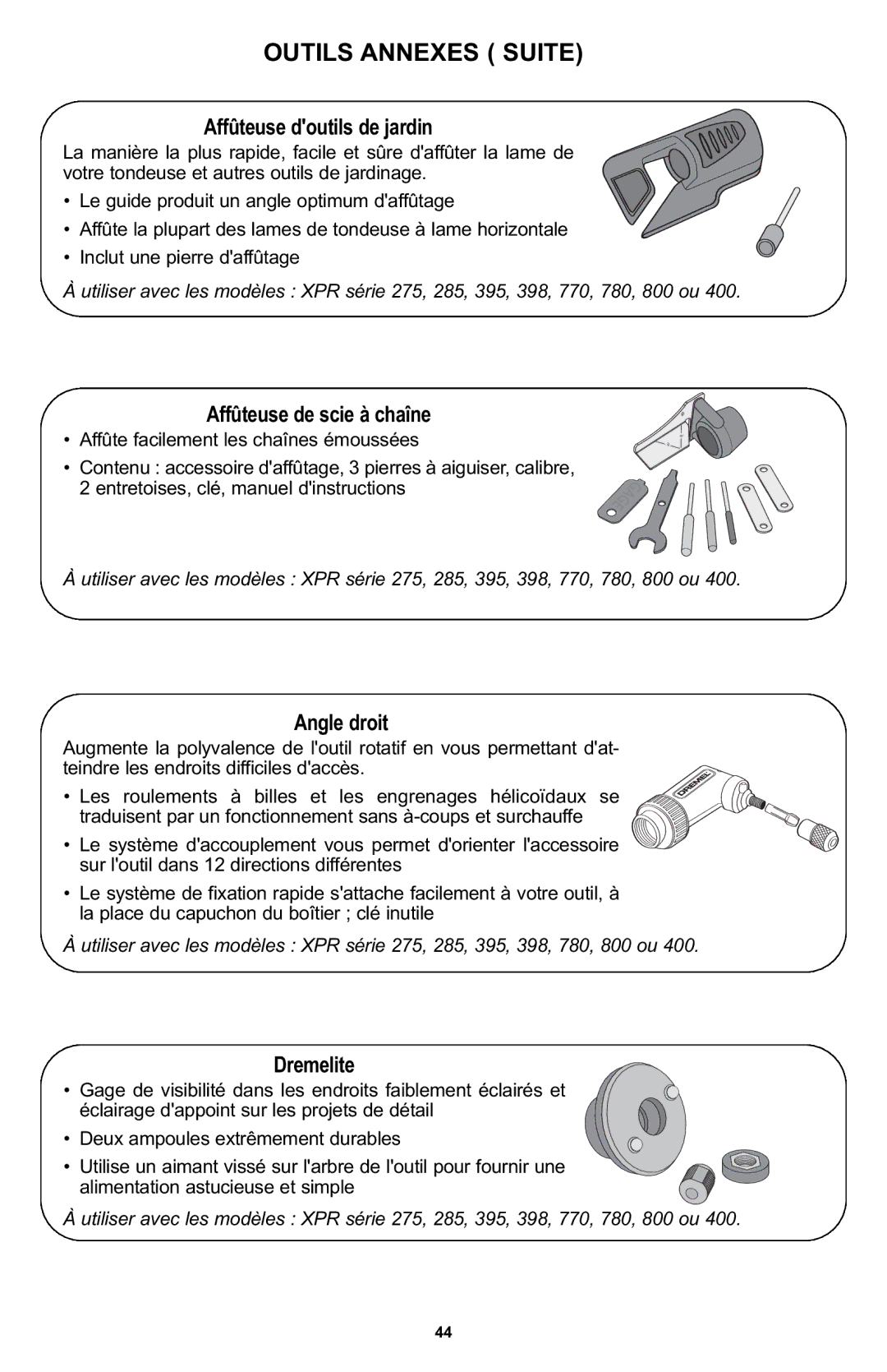 Bosch Power Tools 400 Series XPR manual Outils Annexes Suite, Affûteuse doutils de jardin, Affûteuse de scie à chaîne 