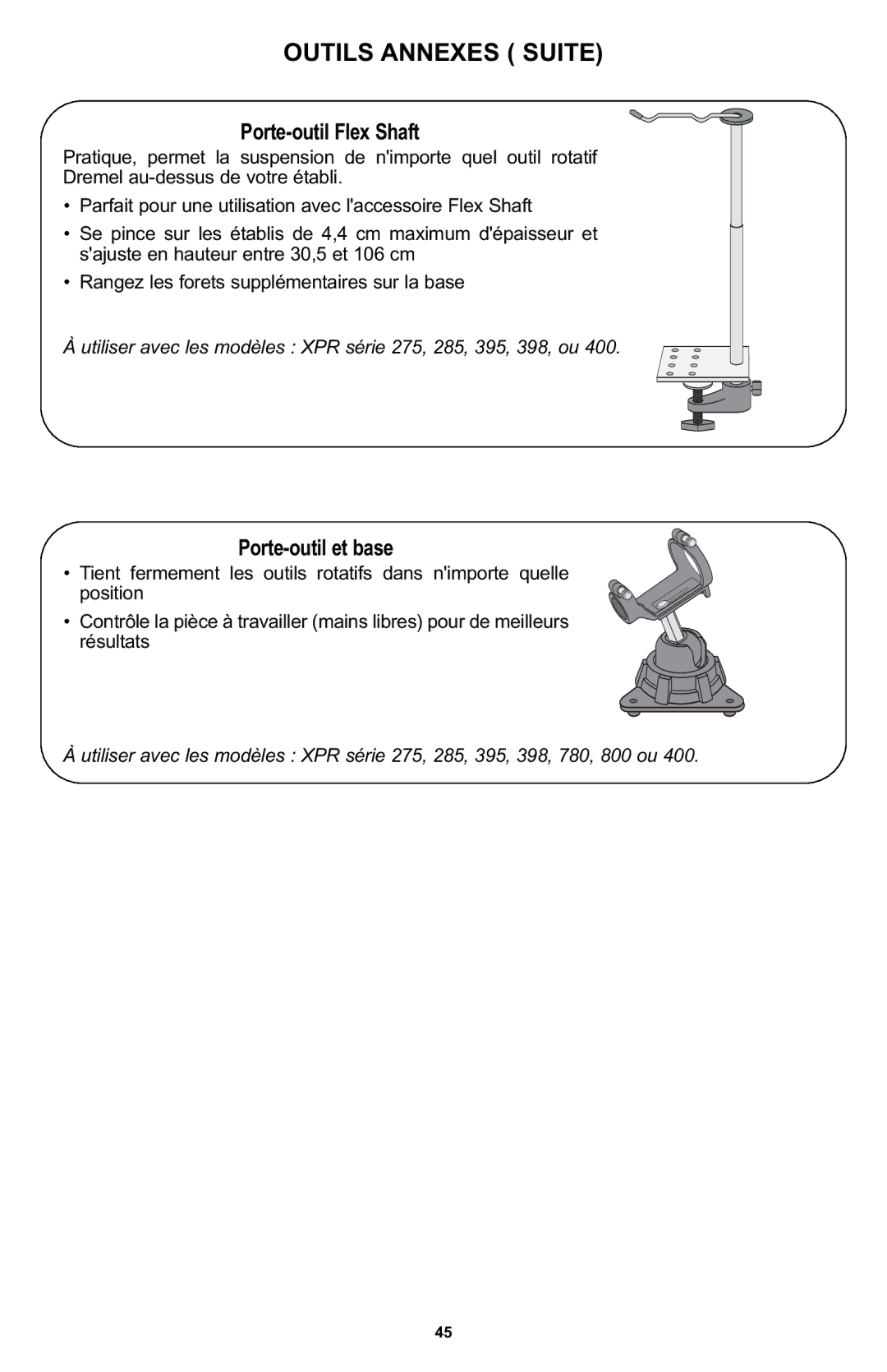 Bosch Power Tools 400 Series XPR manual Porte-outil Flex Shaft, Porte-outil et base 