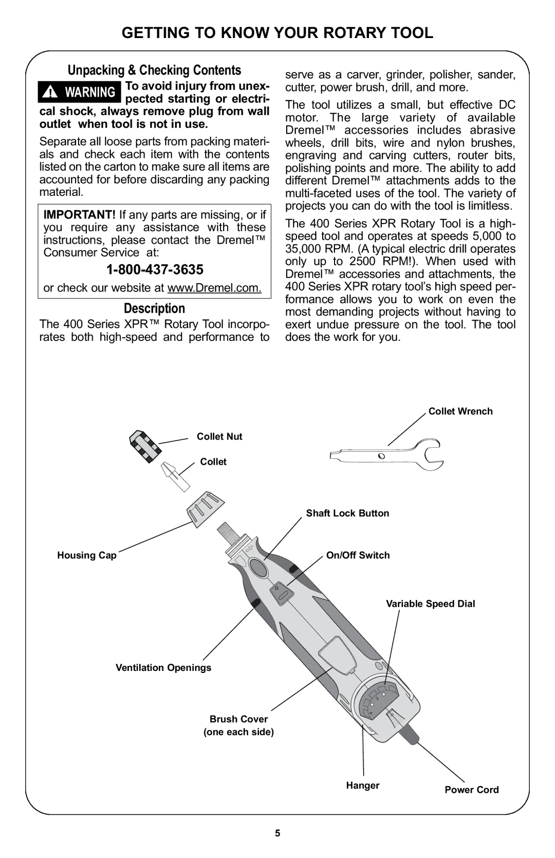 Bosch Power Tools 400 Series XPR manual Getting to Know Your Rotary Tool, Unpacking & Checking Contents, Description 