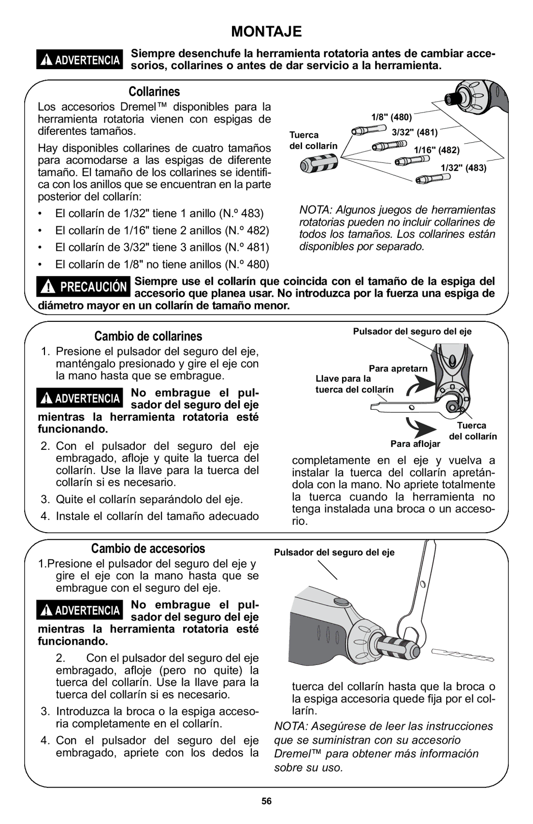 Bosch Power Tools 400 Series XPR Montaje, Collarines, Cambio de collarines, Diámetro mayor en un collarín de tamaño menor 