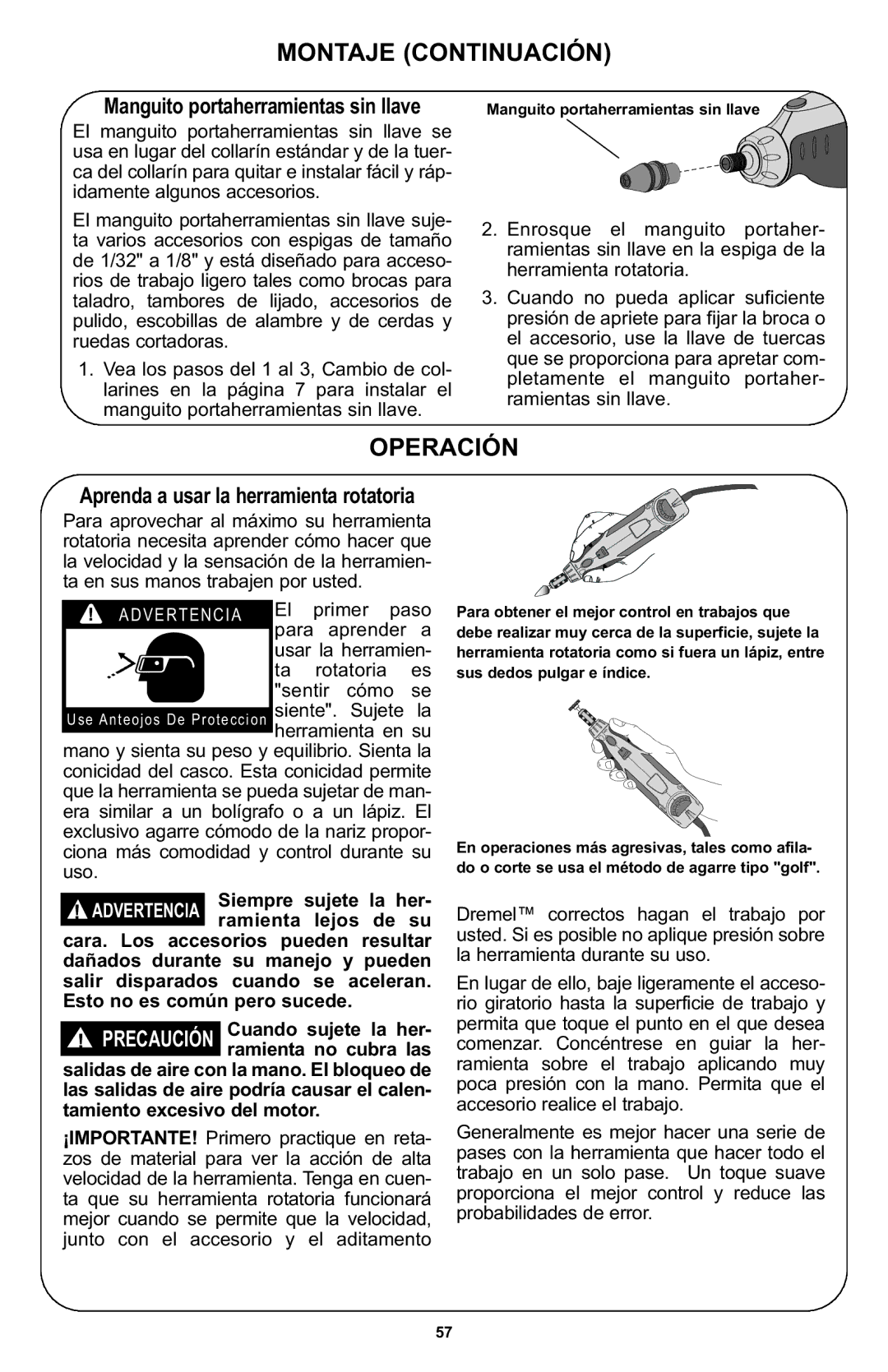 Bosch Power Tools 400 Series XPR manual Montaje Continuación, Operación, Manguito portaherramientas sin llave 