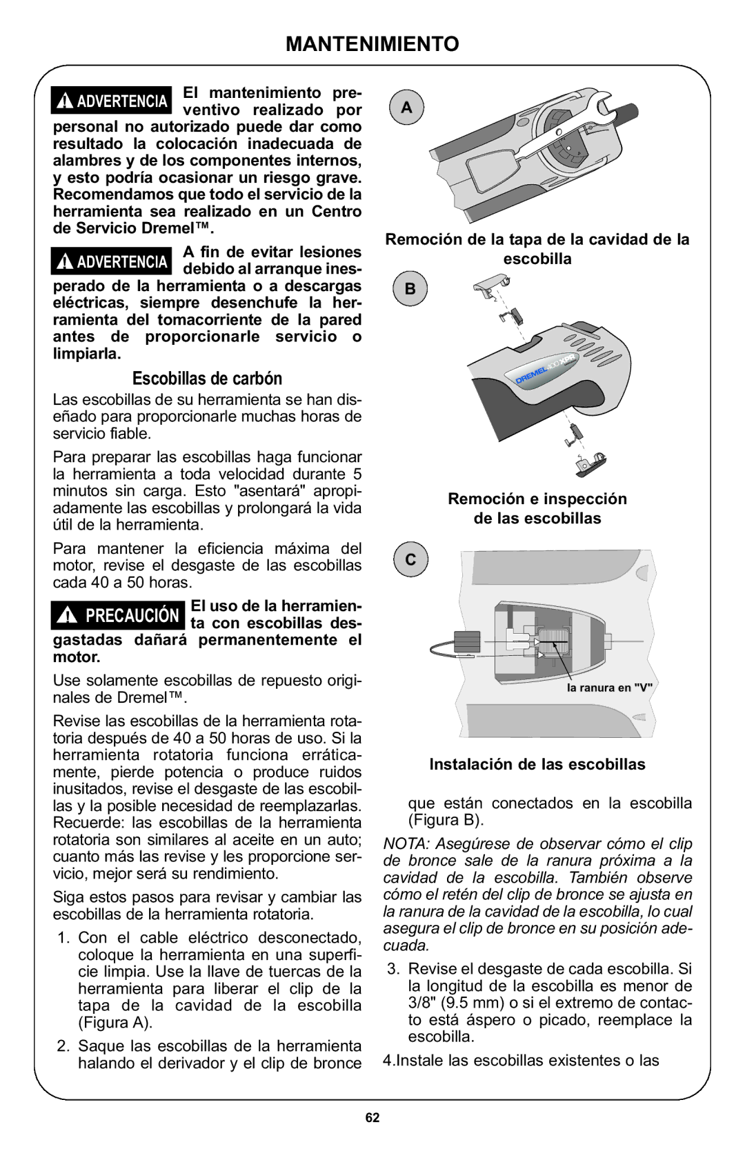 Bosch Power Tools 400 Series XPR manual Mantenimiento, Instalación de las escobillas 