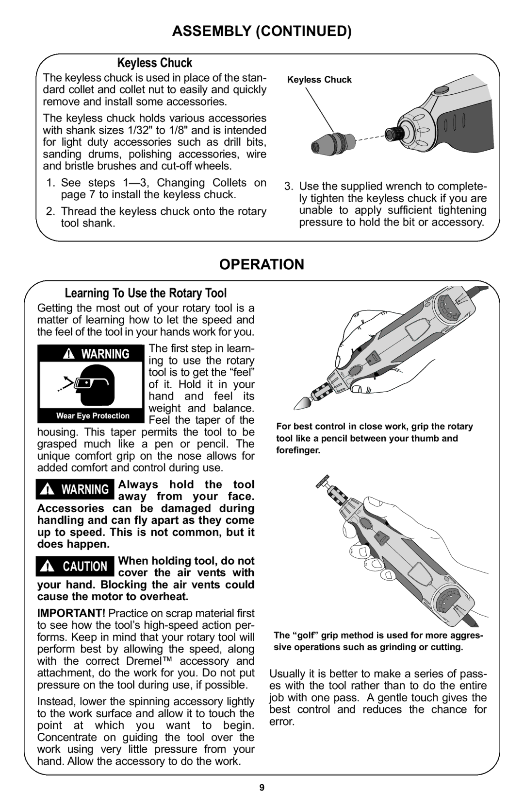 Bosch Power Tools 400 Series XPR manual Operation, Keyless Chuck, Learning To Use the Rotary Tool 