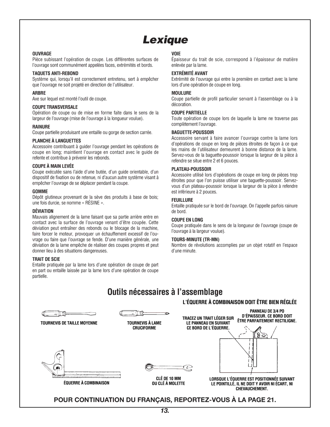 Bosch Power Tools 4000 manual Lexique, Outils nécessaires à l’assemblage 