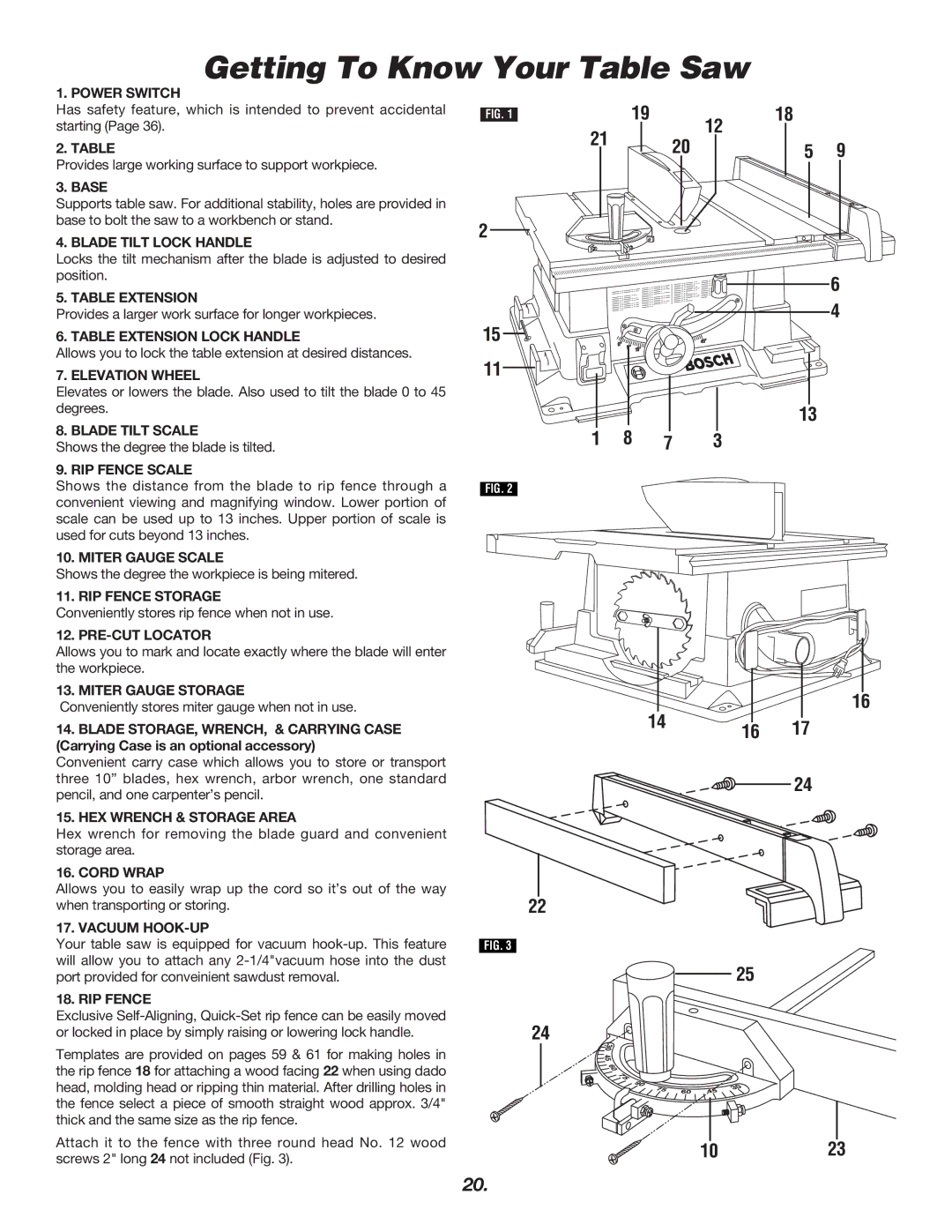 Bosch Power Tools 4000 manual Getting To Know Your Table Saw 