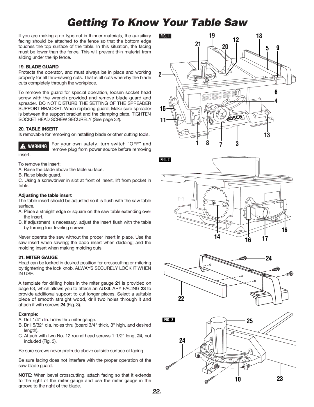 Bosch Power Tools 4000 manual Blade Guard, Table Insert, Miter Gauge 