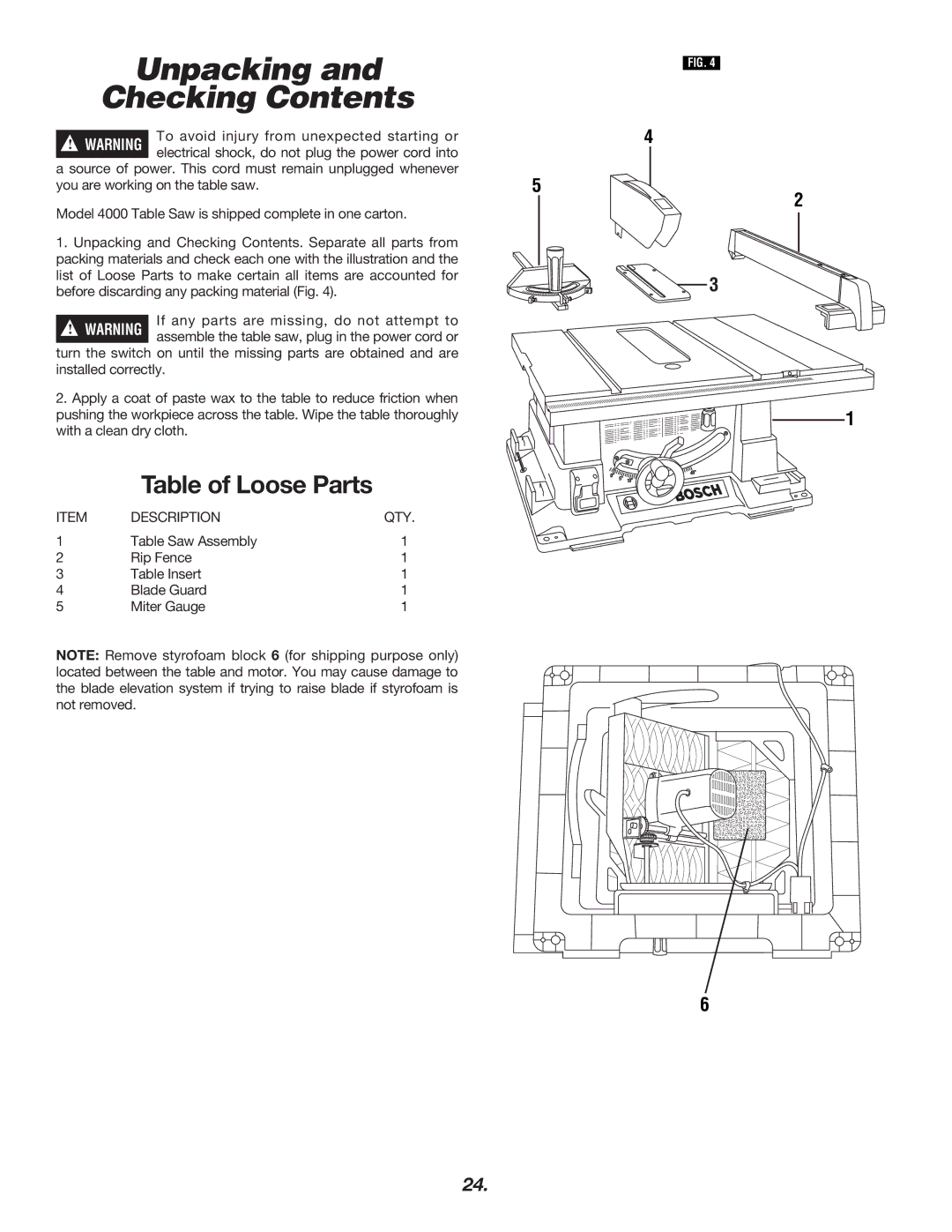 Bosch Power Tools 4000 manual Unpacking Checking Contents 