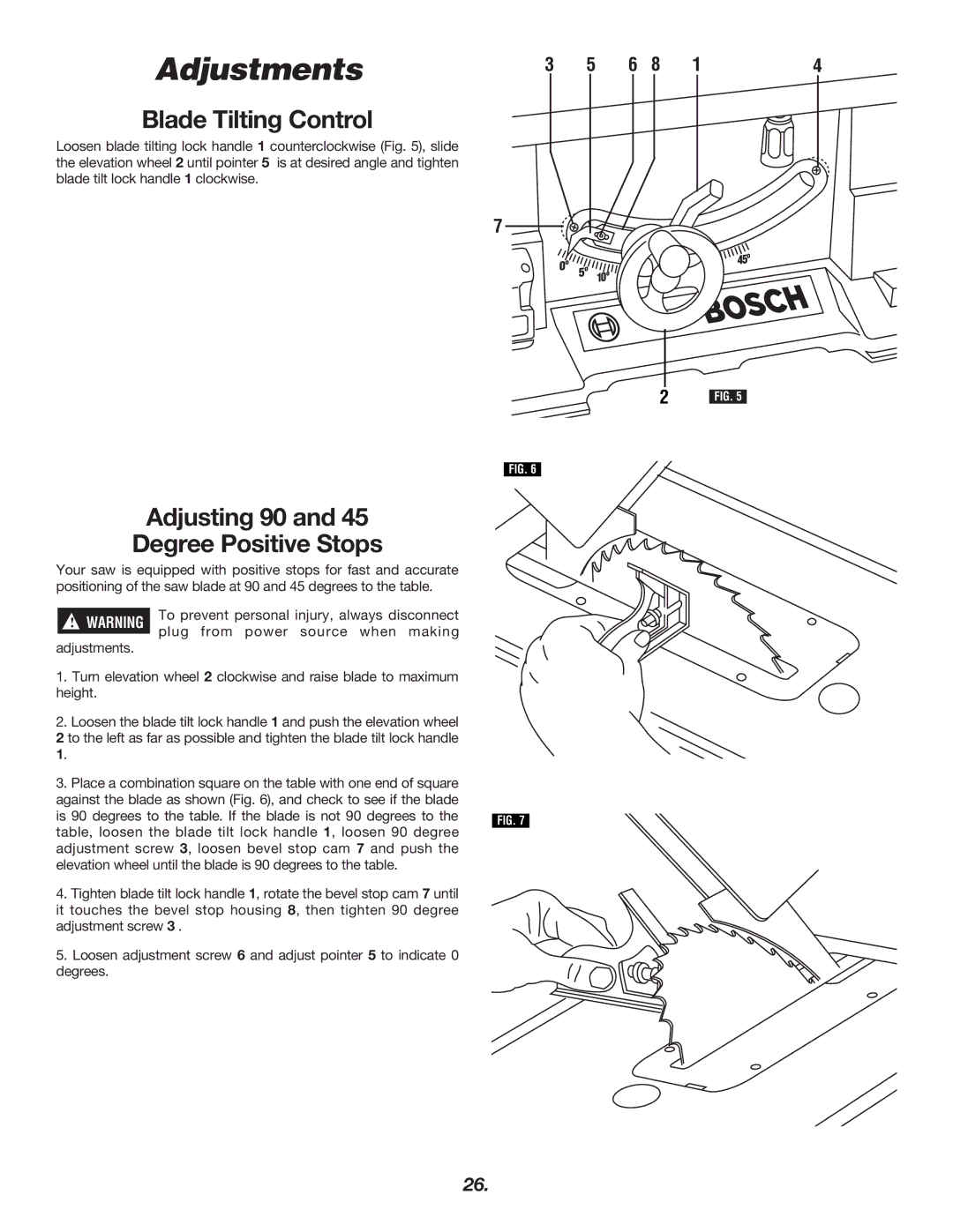 Bosch Power Tools 4000 manual Adjustments, Blade Tilting Control, Adjusting 90 Degree Positive Stops 