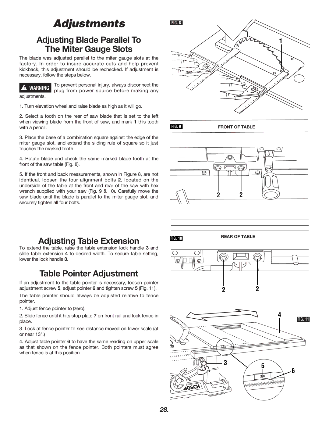 Bosch Power Tools 4000 Adjusting Blade Parallel To Miter Gauge Slots, Adjusting Table Extension, Table Pointer Adjustment 