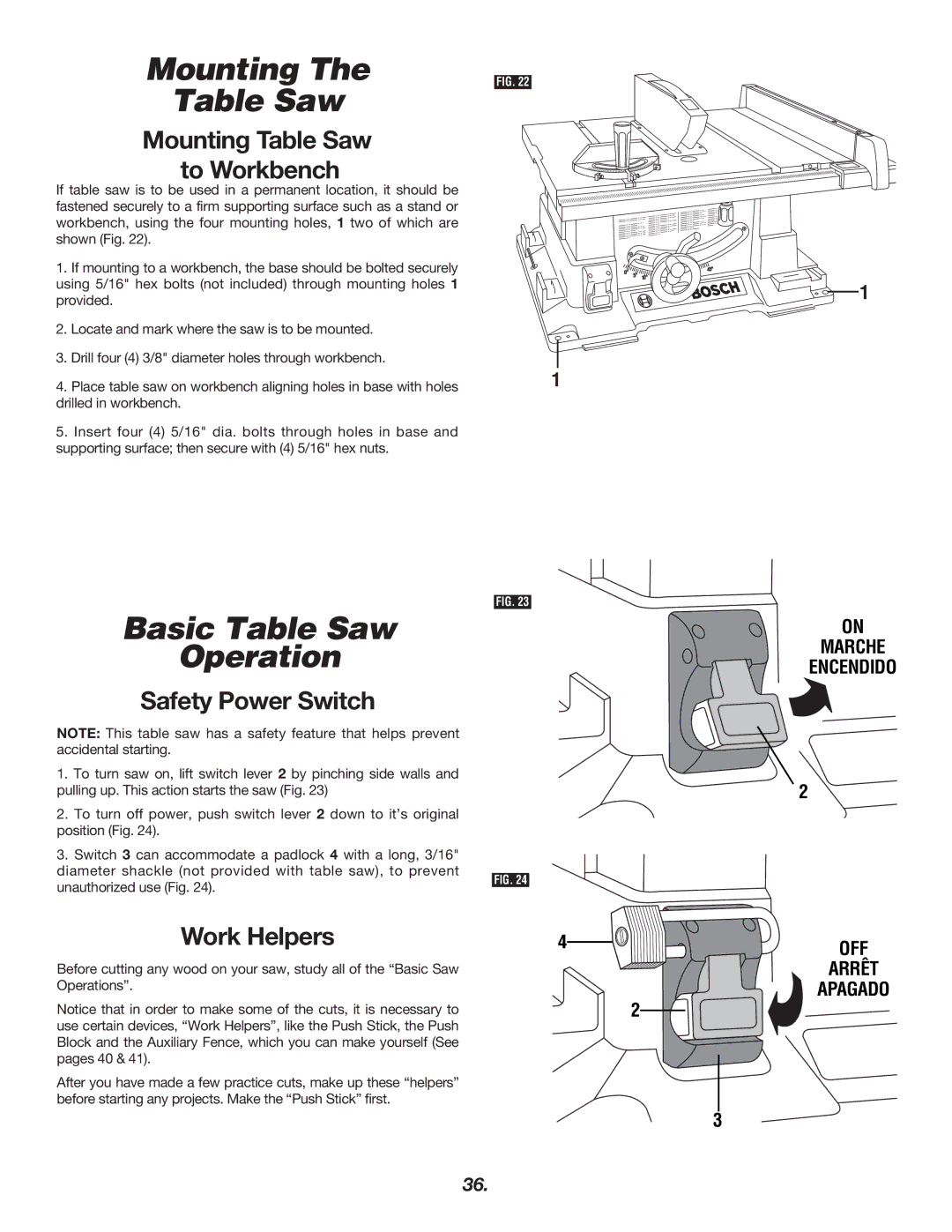 Bosch Power Tools 4000 Mounting Table Saw, Basic Table Saw Operation, To Workbench, Safety Power Switch, Work Helpers 