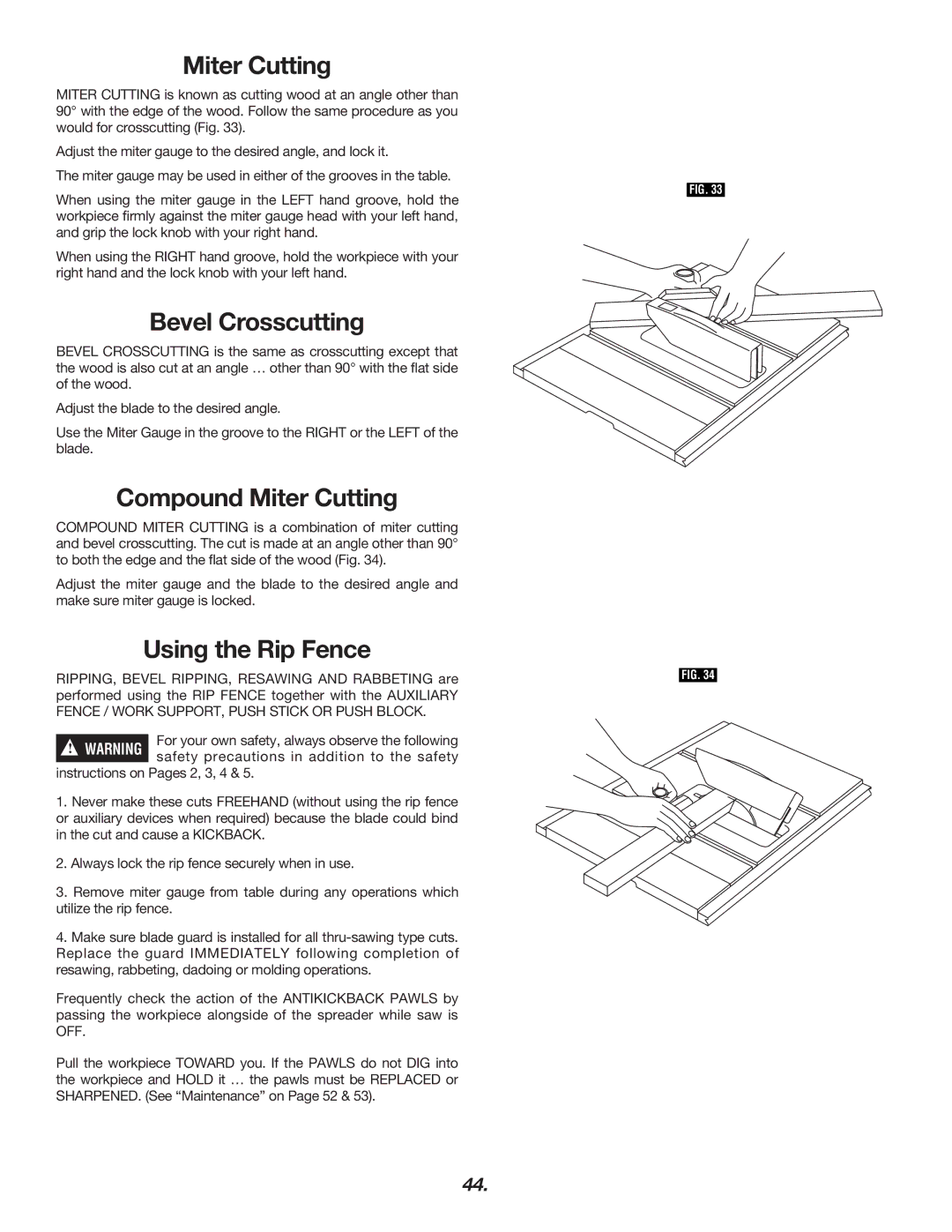 Bosch Power Tools 4000 manual Bevel Crosscutting, Compound Miter Cutting, Using the Rip Fence 