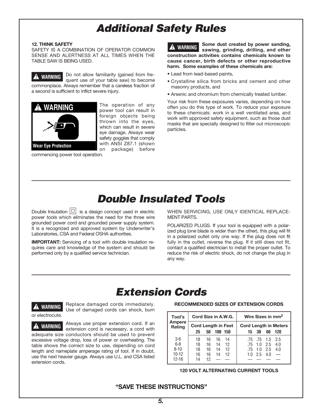 Bosch Power Tools 4000 manual Double Insulated Tools, Extension Cords, Think Safety, Volt Alternating Current Tools 