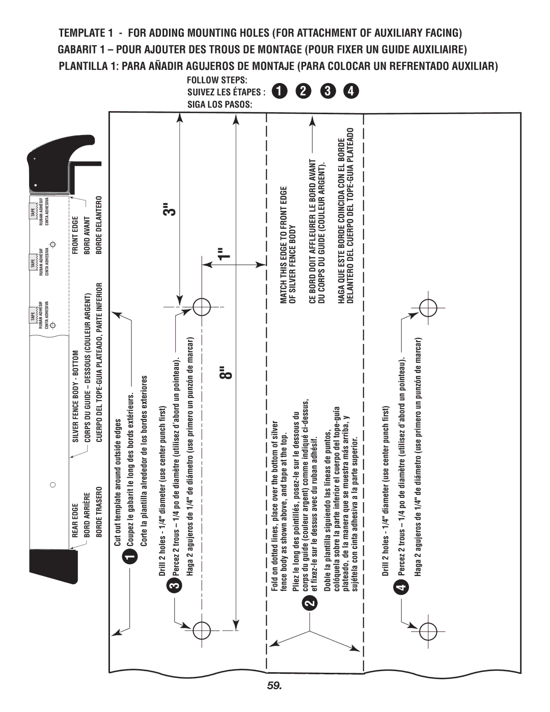 Bosch Power Tools 4000 manual Gabarit, Mountingholes, Match this Edge to Front Edge Silver Fence Body 