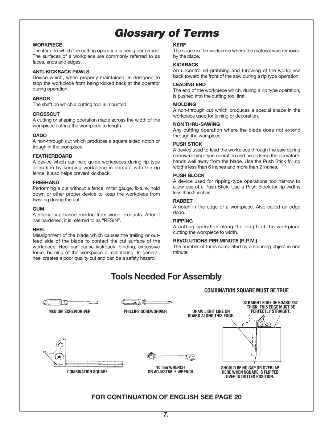 Bosch Power Tools 4000 manual Glossary of Terms, Tools Needed For Assembly 