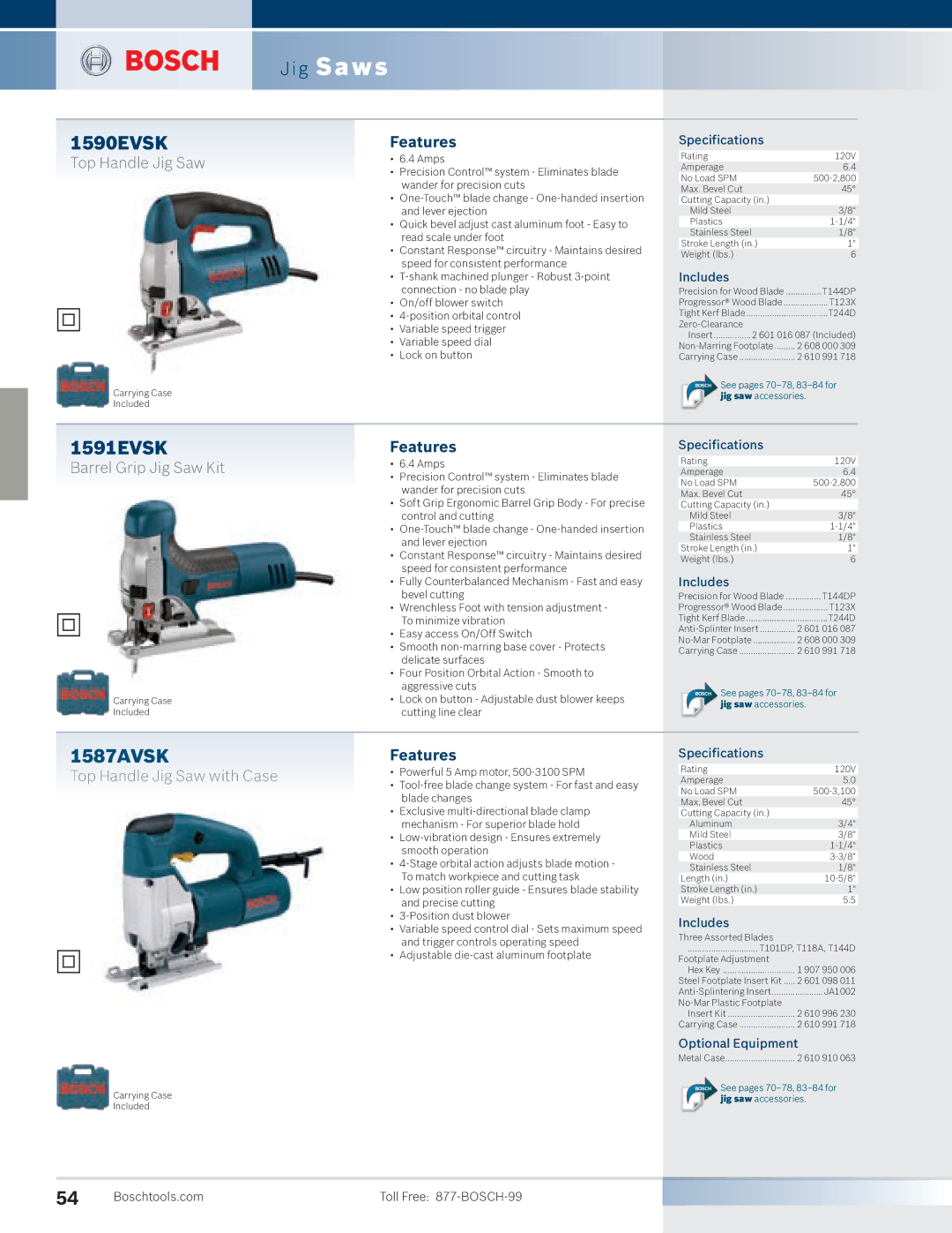 Bosch Power Tools 4100DG-09 manual 1590EVSK, 1591EVSK, 1587AVSK, Boschtools.com, Toll Free 877-BOSCH-99 