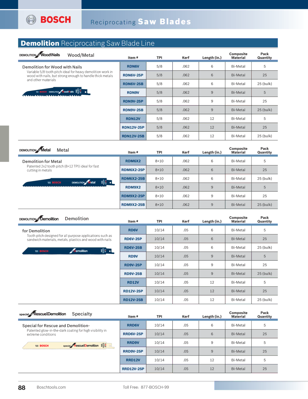 Bosch Power Tools 4100DG-09 manual Demolition Reciprocating Saw Blade Line, Wood/Metal, Specialty 