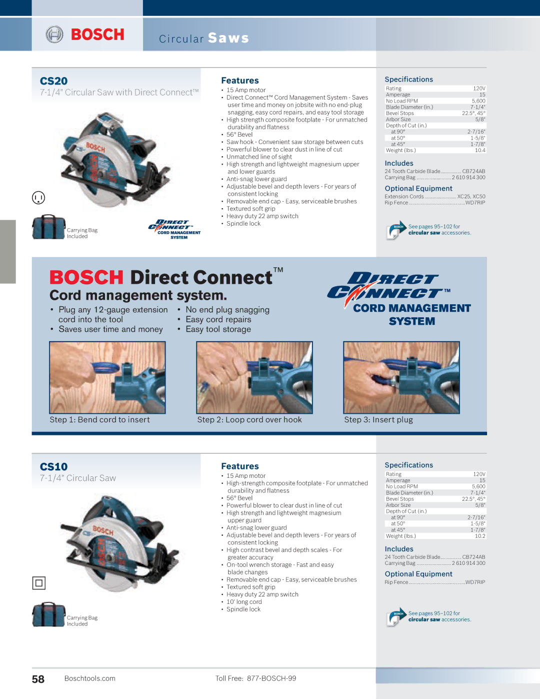 Bosch Power Tools 4100DG-09 manual CS20, CS10, Bend cord to insert Loop cord over hook Insert plug, Amp motor 