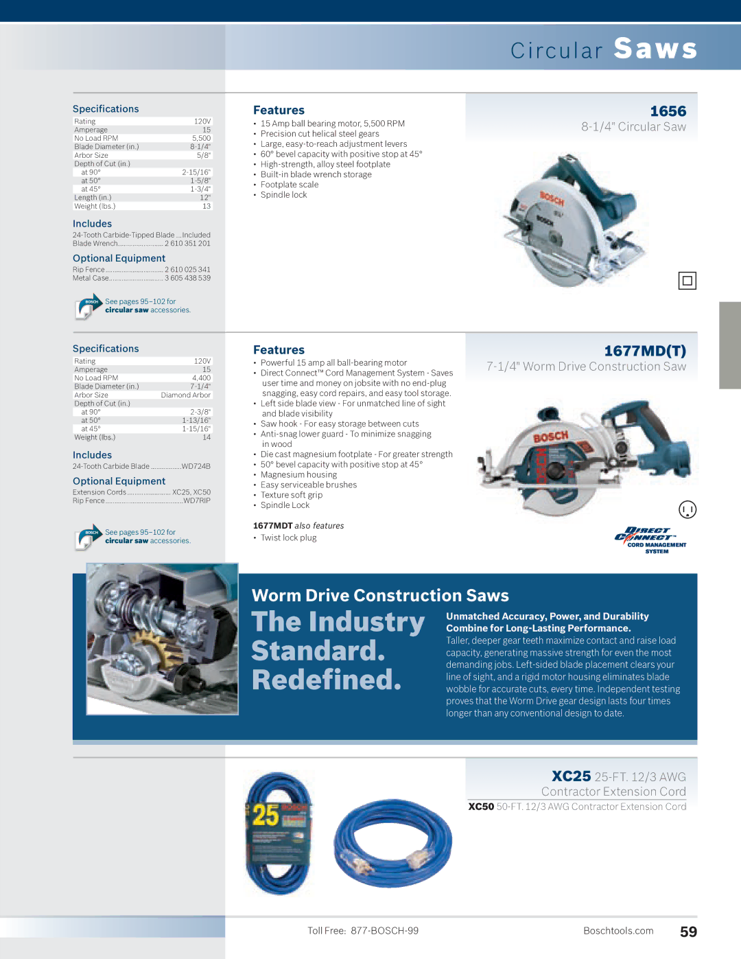 Bosch Power Tools 4100DG-09 manual Circular Saws, 1656, 1677MDT, Powerful 15 amp all ball-bearing motor 