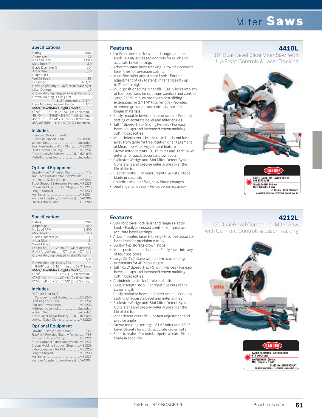 Bosch Power Tools 4100DG-09 manual Miter Saws, 4410L, 4212L 