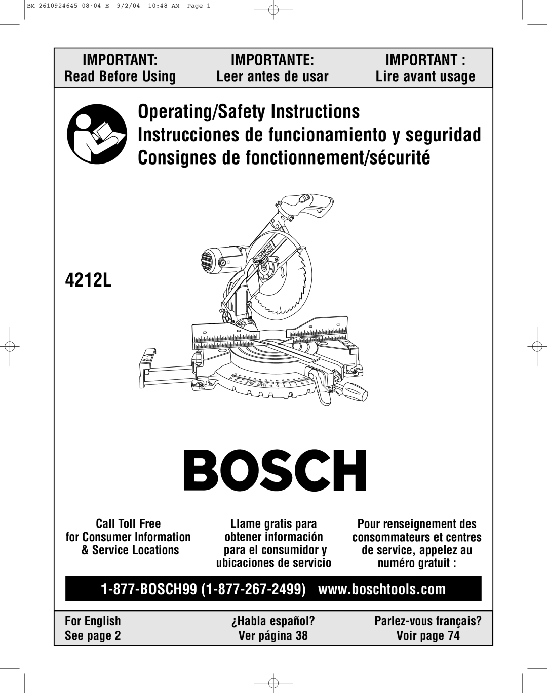 Bosch Power Tools 4212L manual Operating/Safety Instructions 