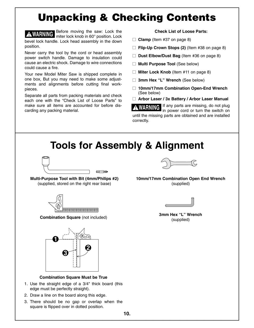 Bosch Power Tools 4212L manual Unpacking & Checking Contents, Tools for Assembly & Alignment 