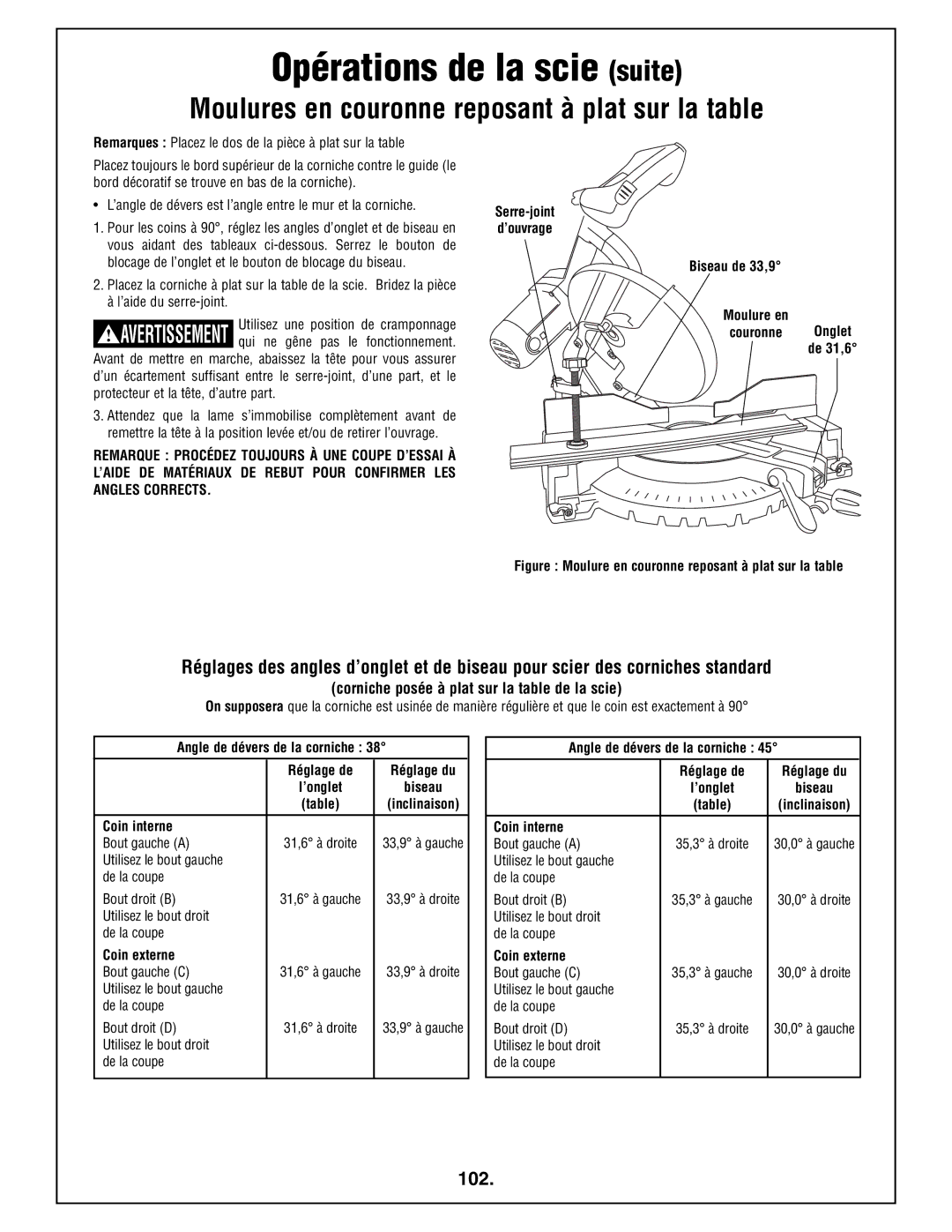 Bosch Power Tools 4212L manual Moulures en couronne reposant à plat sur la table, 102 