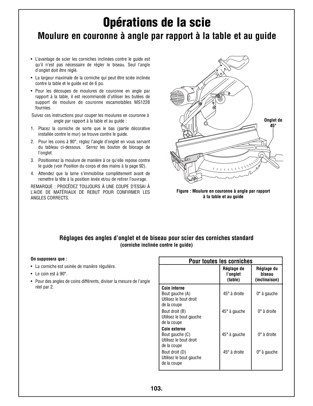 Bosch Power Tools 4212L manual Pour toutes les corniches, 103, Corniche inclinée contre le guide 