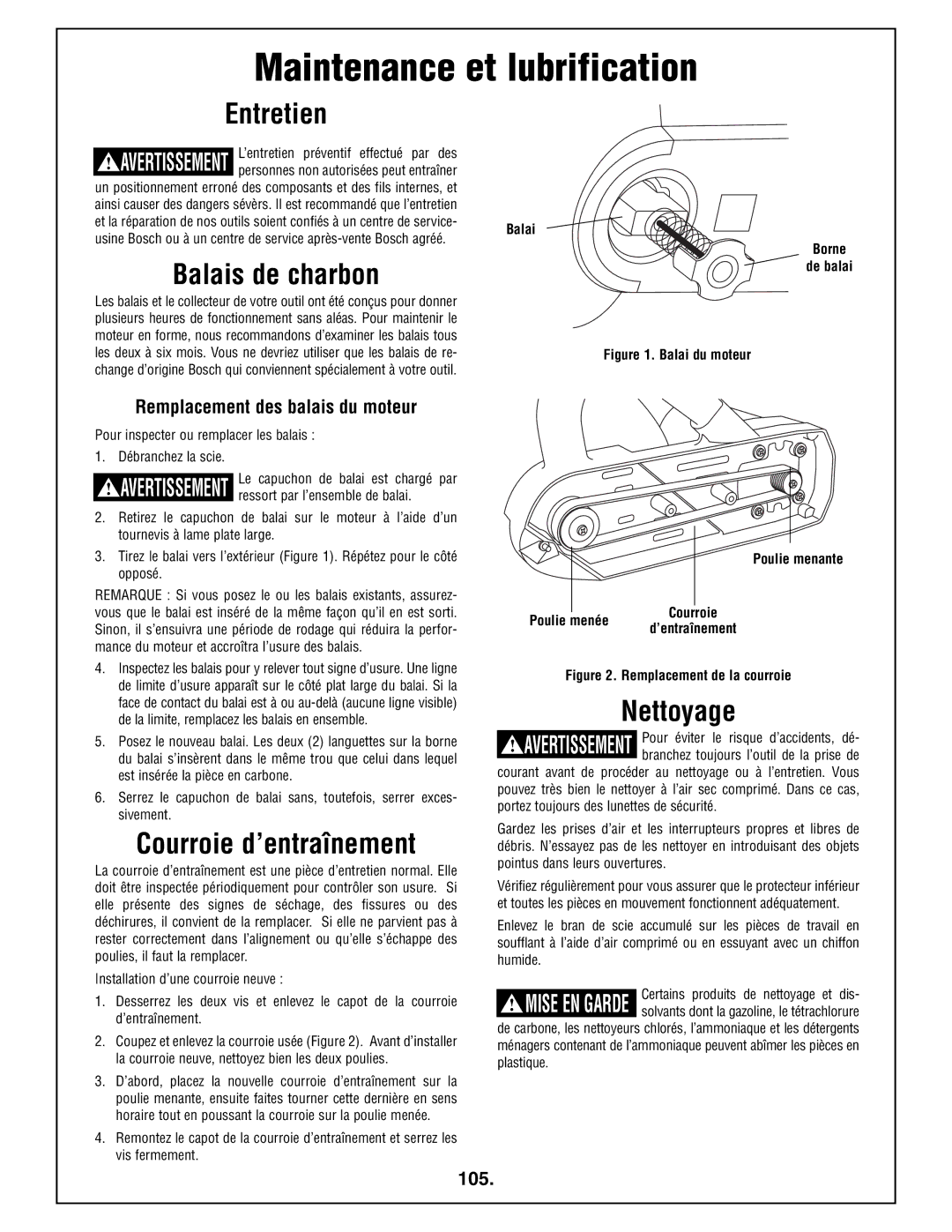 Bosch Power Tools 4212L Maintenance et lubrification, Entretien, Balais de charbon, Courroie d’entraînement, Nettoyage 