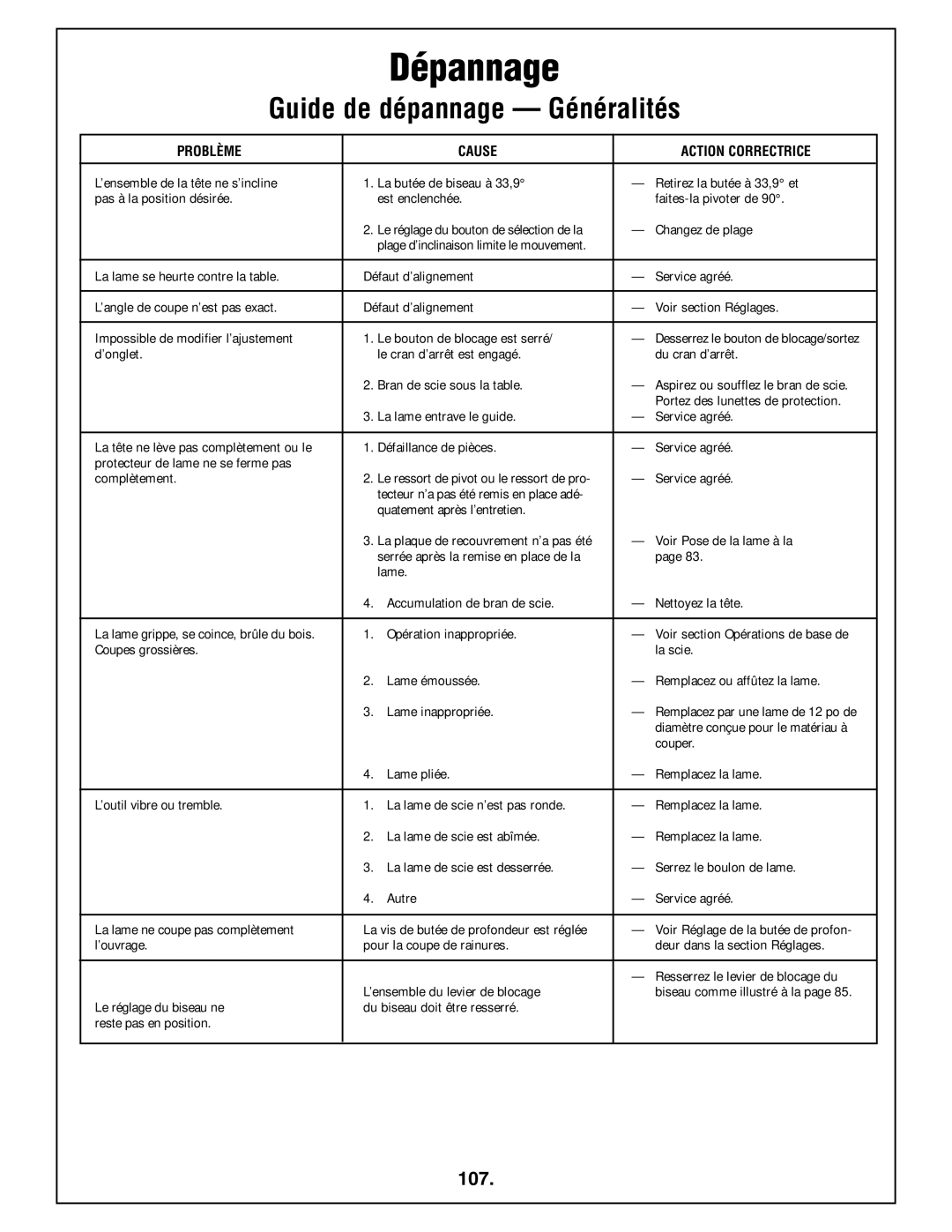 Bosch Power Tools 4212L manual Guide de dépannage Généralités, 107 