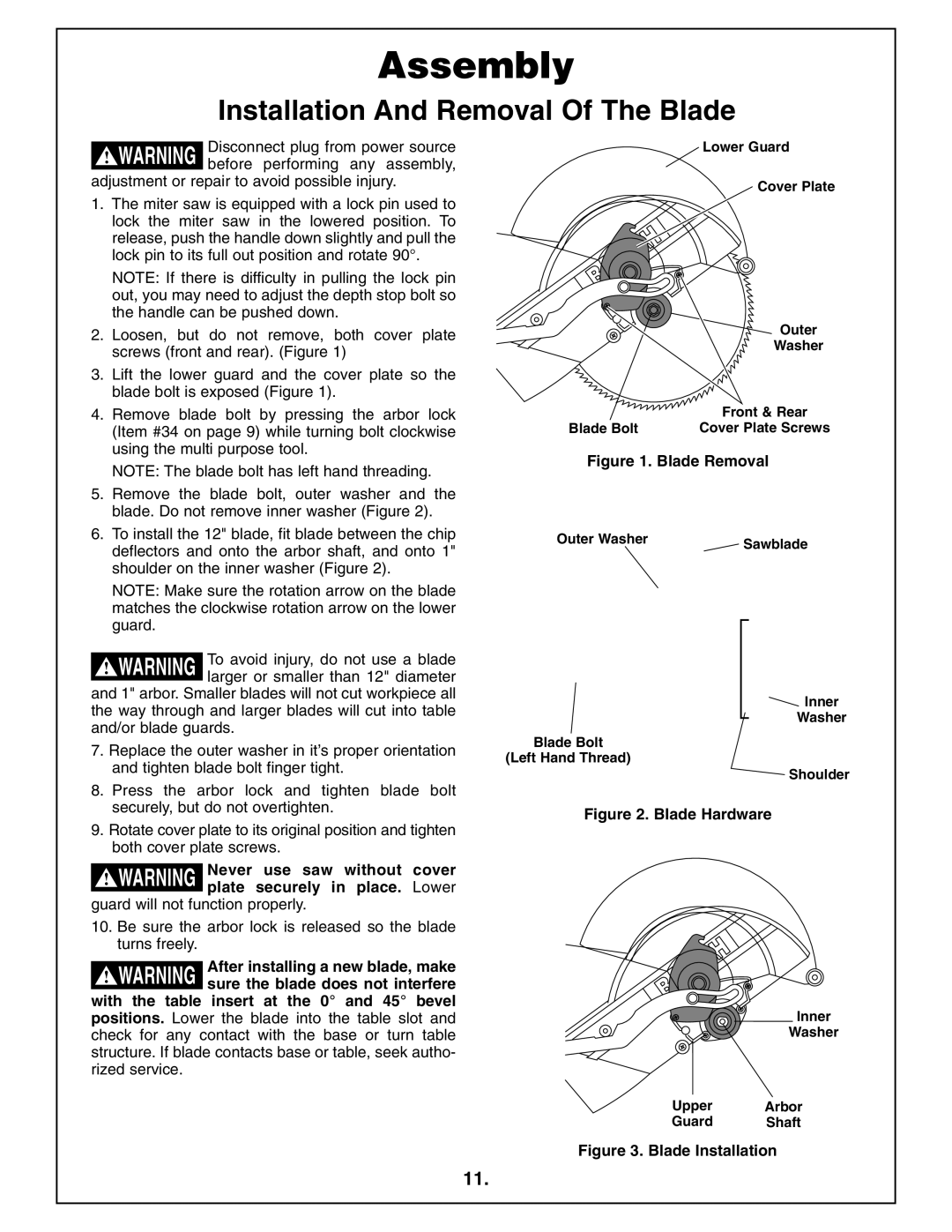 Bosch Power Tools 4212L manual Assembly, Installation And Removal Of The Blade, Outer Washer 