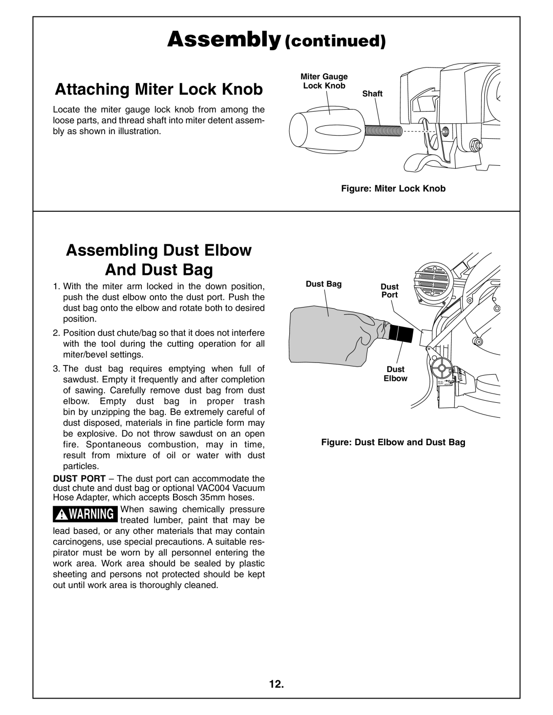 Bosch Power Tools 4212L Assembly Attaching Miter Lock Knob, Assembling Dust Elbow Dust Bag, Miter Gauge Lock Knob Shaft 