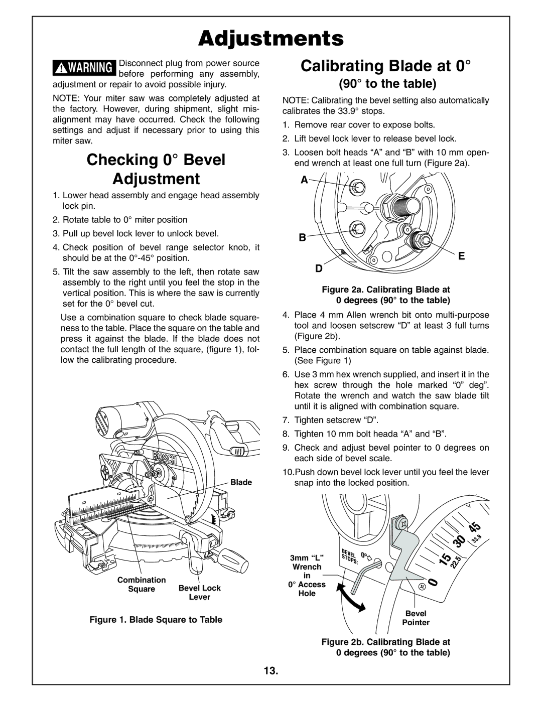 Bosch Power Tools 4212L manual Adjustments, Checking 0 Bevel Adjustment, Calibrating Blade at 