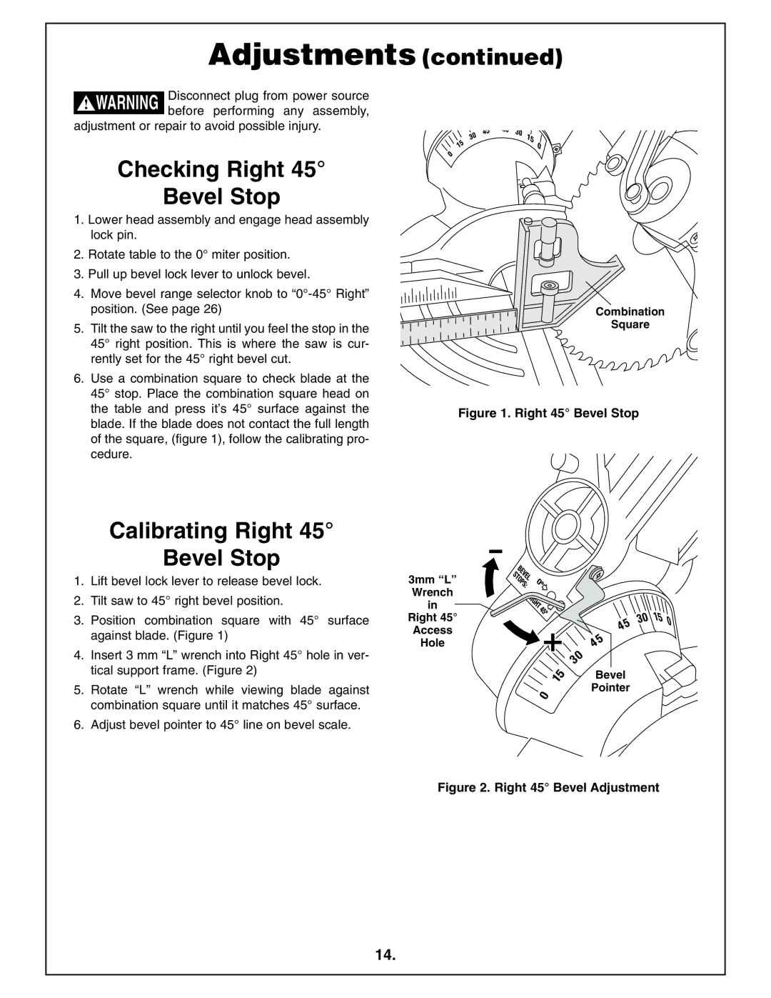 Bosch Power Tools 4212L manual Checking Right Bevel Stop, Calibrating Right Bevel Stop, Combination Square 