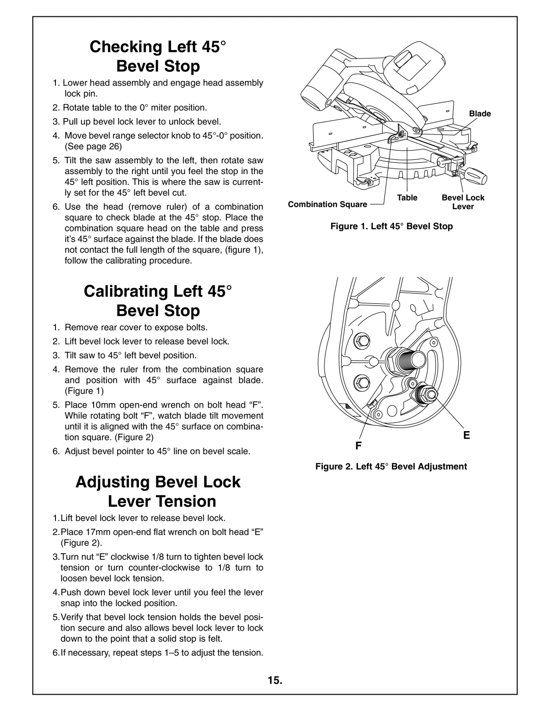 Bosch Power Tools 4212L manual Checking Left Bevel Stop, Calibrating Left Bevel Stop, Adjusting Bevel Lock Lever Tension 