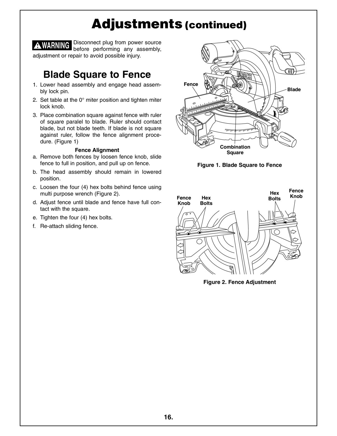 Bosch Power Tools 4212L manual Blade Square to Fence, Fence Alignment, Fence Blade Combination Square 