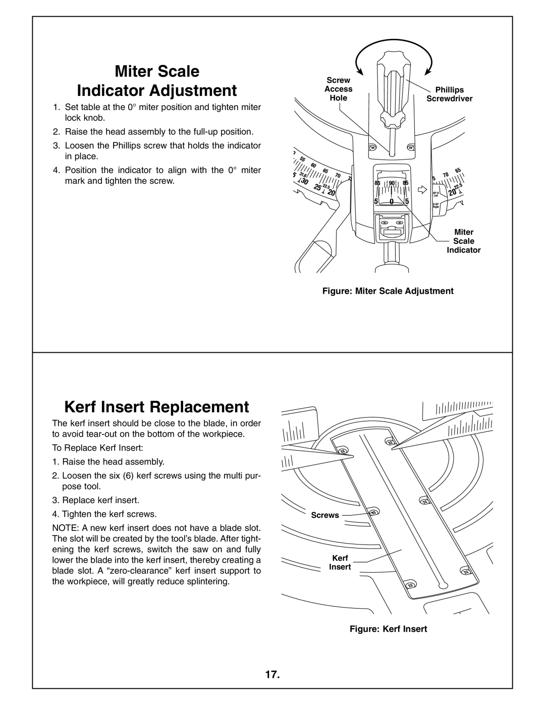 Bosch Power Tools 4212L manual Miter Scale Indicator Adjustment, Kerf Insert Replacement, Screws Kerf Insert 