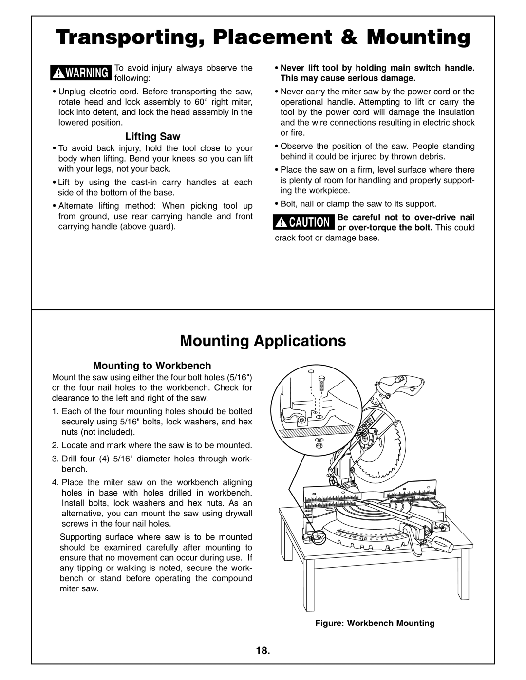 Bosch Power Tools 4212L Transporting, Placement & Mounting, Mounting Applications, Lifting Saw, Mounting to Workbench 