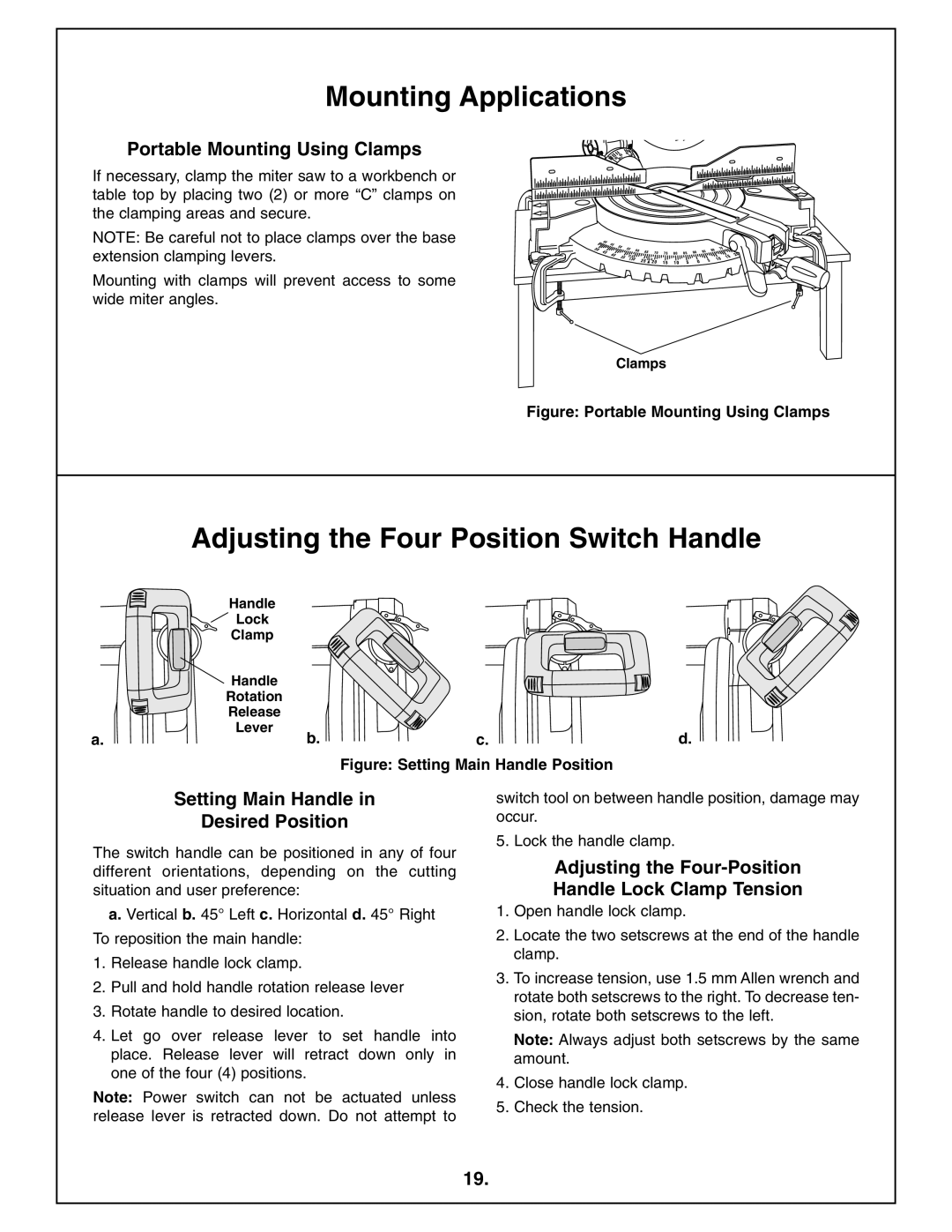 Bosch Power Tools 4212L manual Adjusting the Four Position Switch Handle, Portable Mounting Using Clamps 