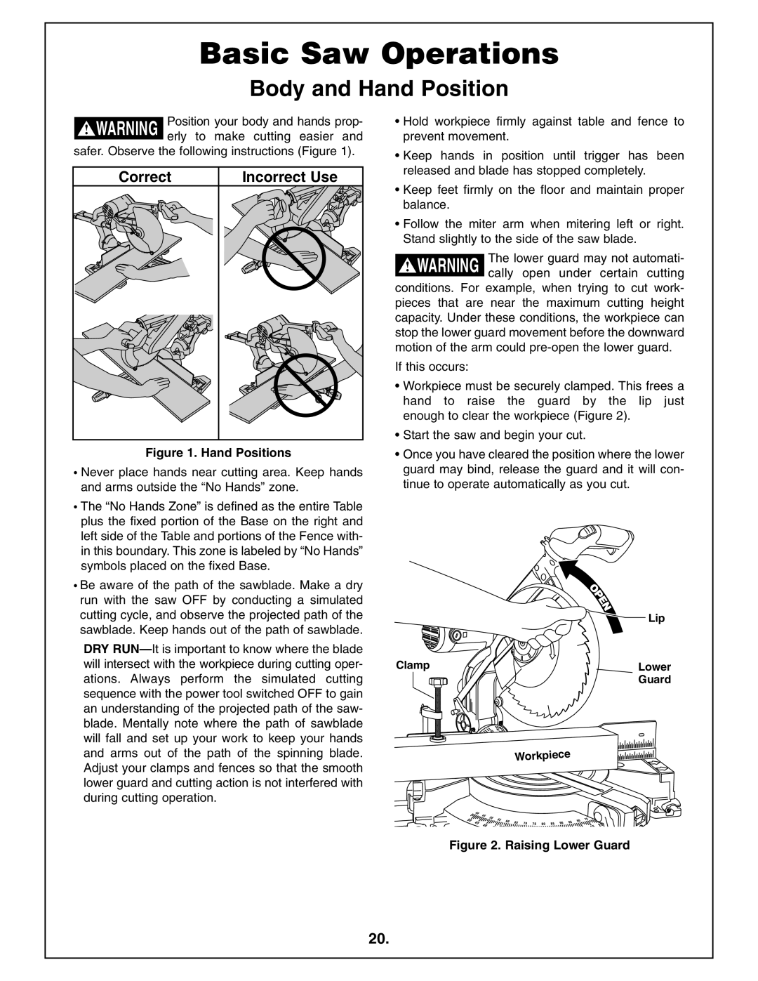 Bosch Power Tools 4212L manual Basic Saw Operations, Body and Hand Position, Correct Incorrect Use, Lip, Guard 