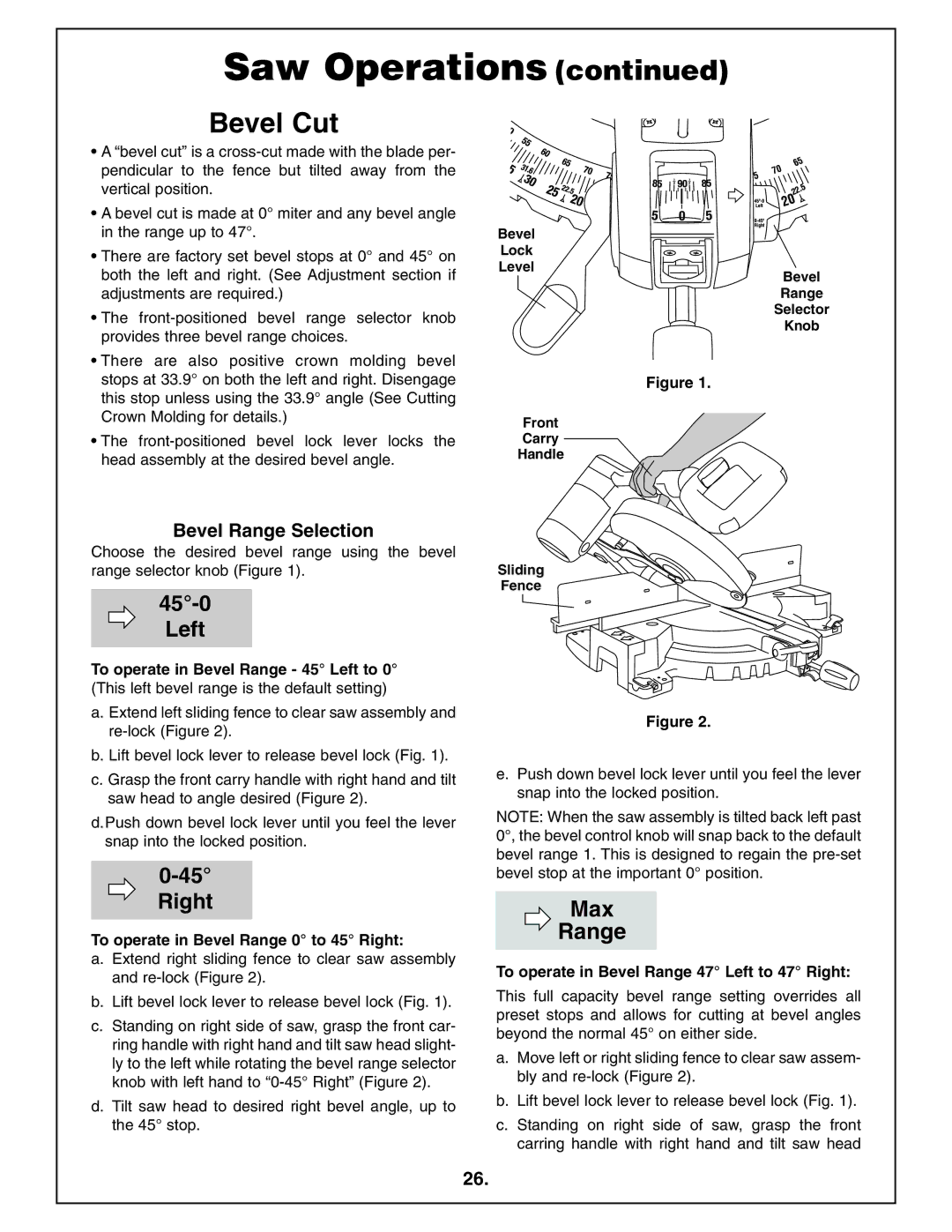 Bosch Power Tools 4212L manual Bevel Cut, Bevel Range Selection, To operate in Bevel Range 0 to 45 Right 