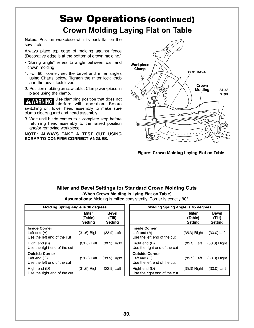 Bosch Power Tools 4212L manual Crown Molding Laying Flat on Table, Miter and Bevel Settings for Standard Crown Molding Cuts 