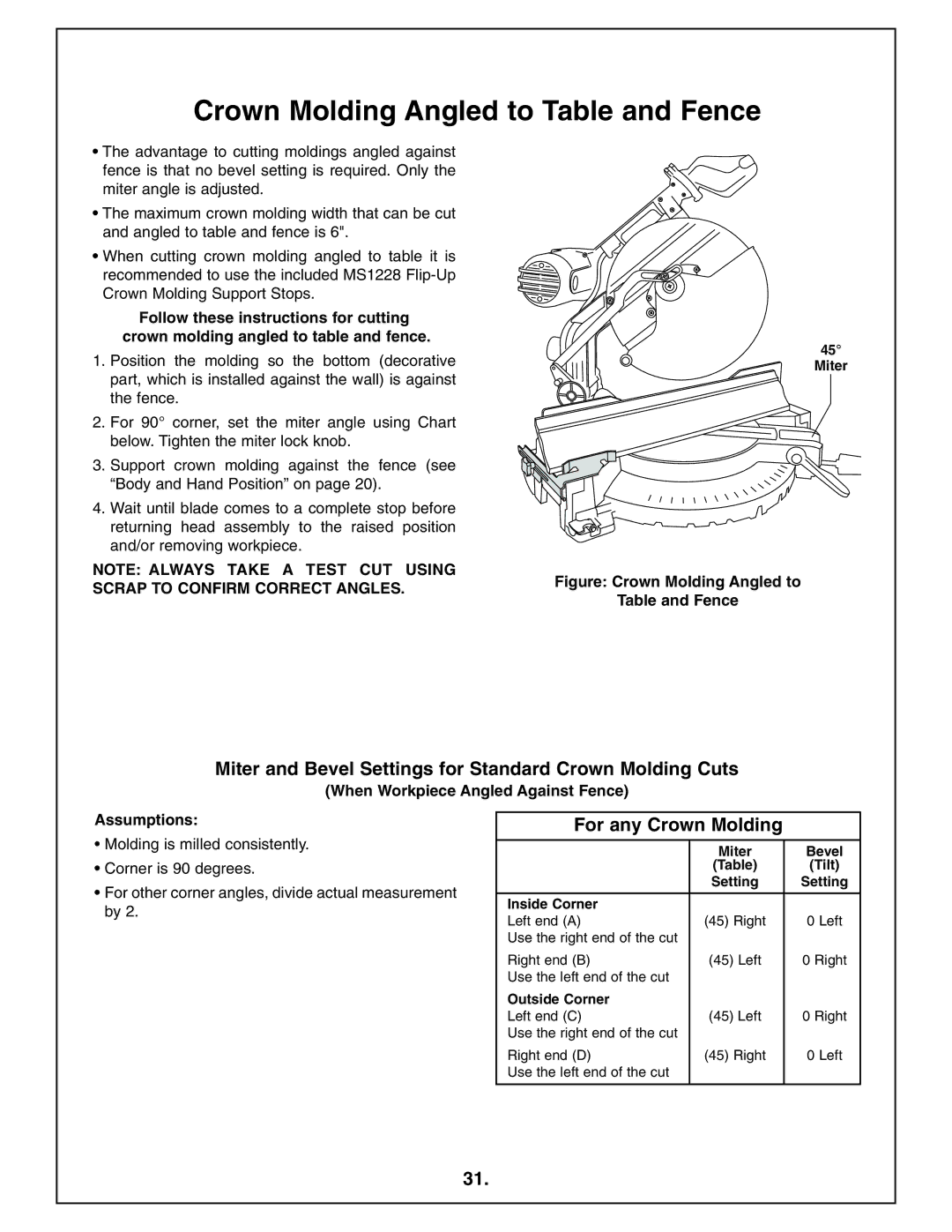 Bosch Power Tools 4212L manual Crown Molding Angled to Table and Fence, For any Crown Molding 