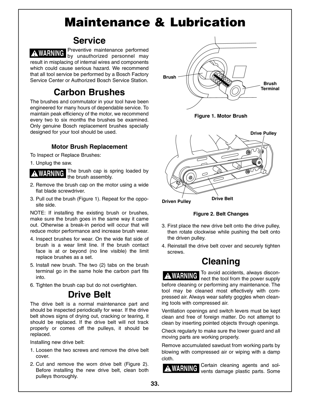 Bosch Power Tools 4212L manual Maintenance & Lubrication, Service, Carbon Brushes, Drive Belt, Cleaning 