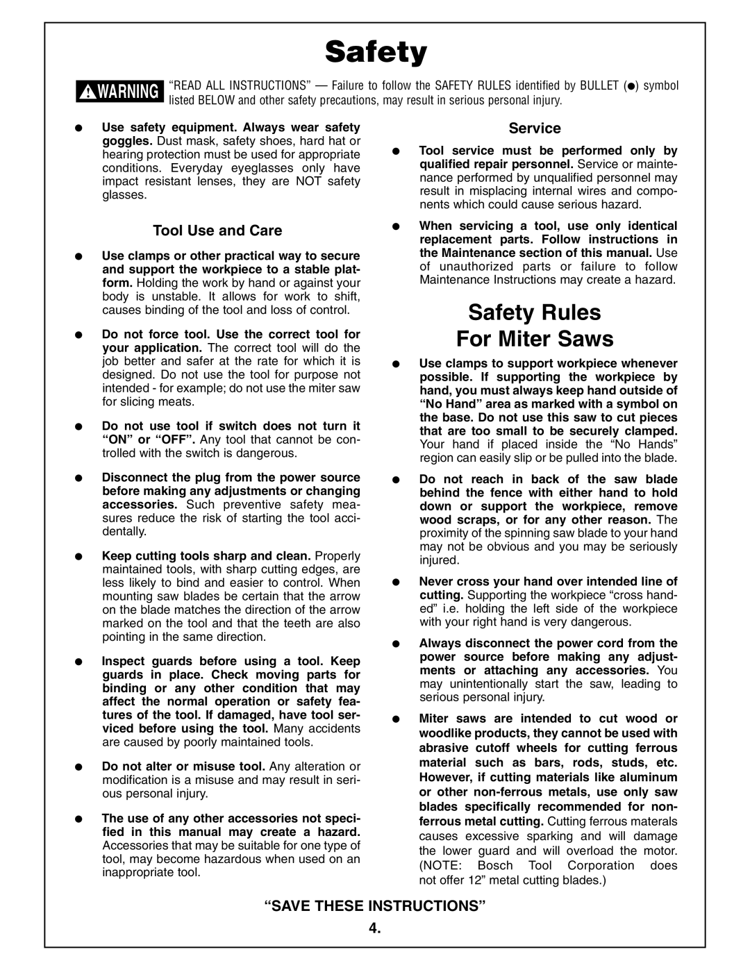 Bosch Power Tools 4212L manual Safety Rules For Miter Saws, Tool Use and Care, Service 