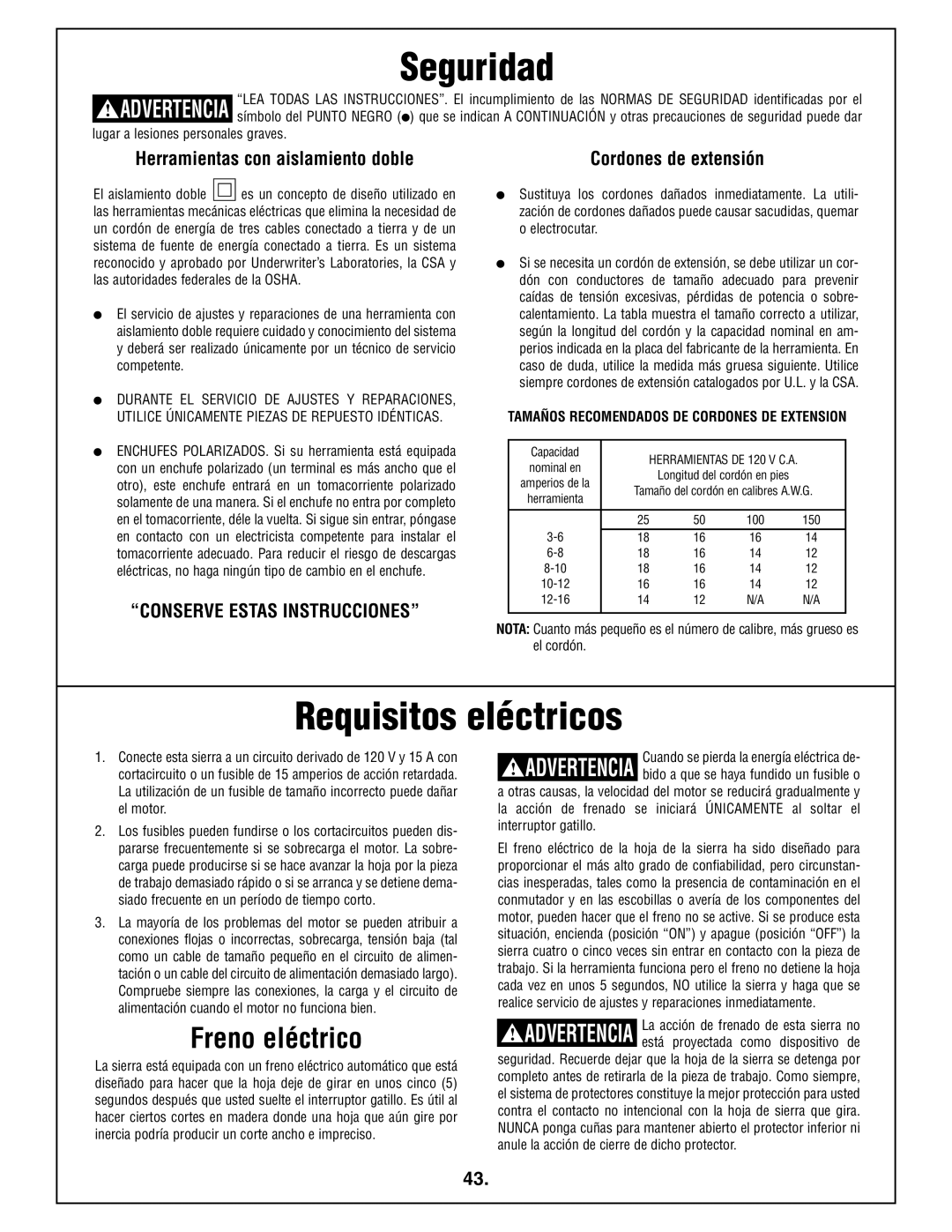 Bosch Power Tools 4212L Requisitos eléctricos, Freno eléctrico, Herramientas con aislamiento doble, Cordones de extensión 