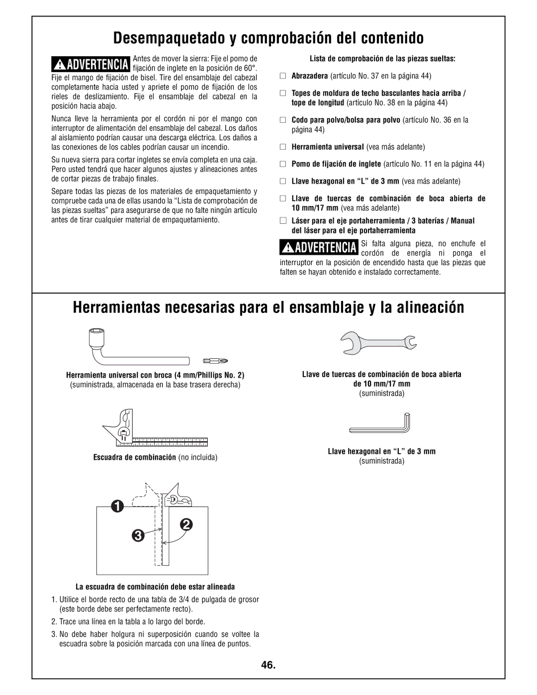 Bosch Power Tools 4212L manual Desempaquetado y comprobación del contenido, Lista de comprobación de las piezas sueltas 