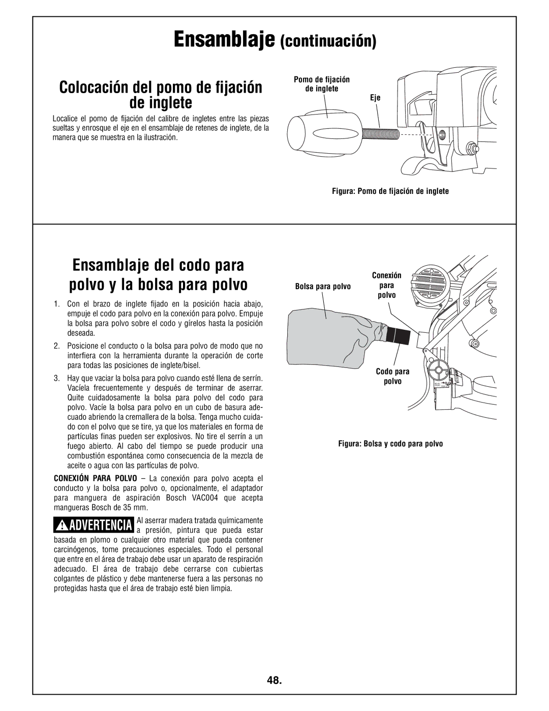 Bosch Power Tools 4212L Ensamblaje continuación, Pomo de fijación De inglete Eje, Bolsa para polvo, Codo para Polvo 