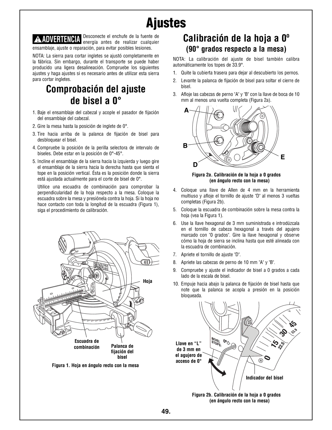 Bosch Power Tools 4212L manual Ajustes, Comprobación del ajuste De bisel a, Calibración de la hoja a 0º 