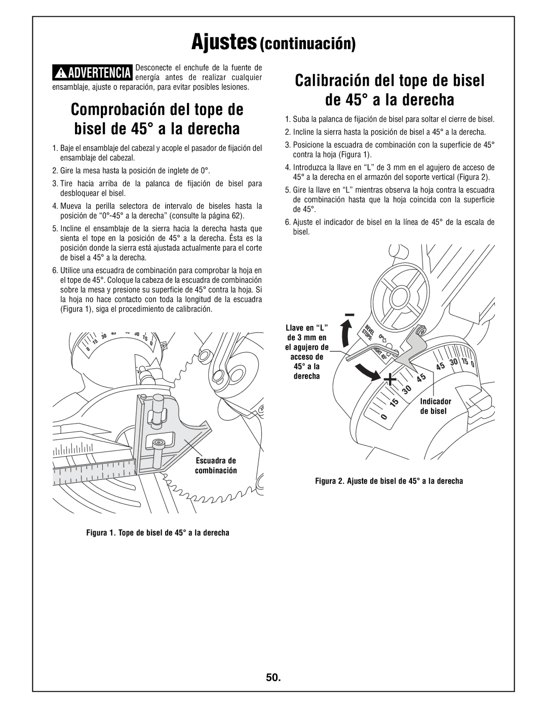 Bosch Power Tools 4212L manual Ajustes continuación, Calibración del tope de bisel De 45 a la derecha 