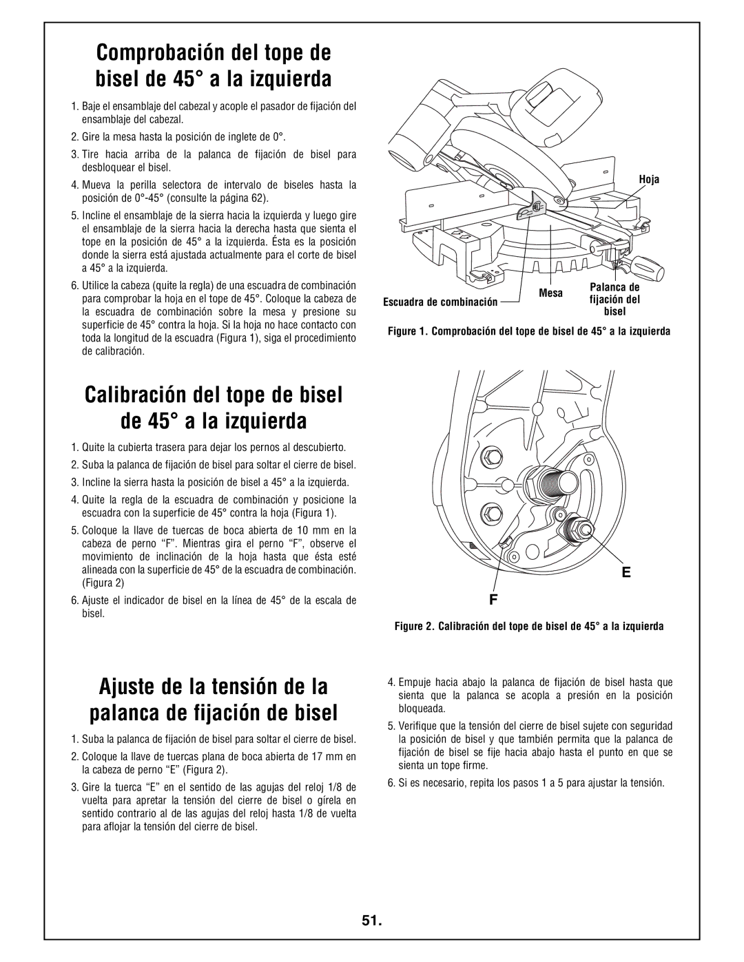 Bosch Power Tools 4212L manual Calibración del tope de bisel De 45 a la izquierda, Hoja Mesa, Escuadra de combinación 